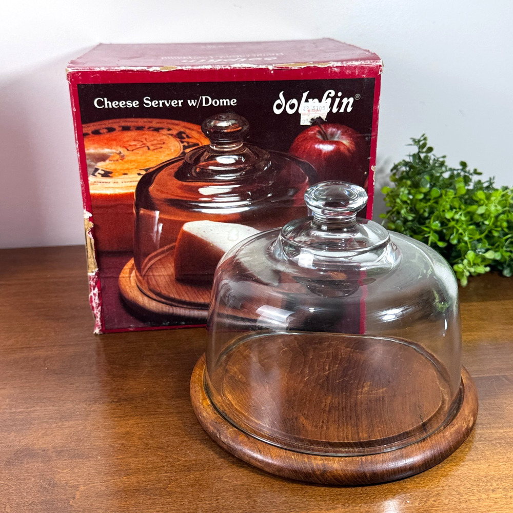 Vintage Glass Cloche Dome with Wood Base in Box Dolphin Cheese Server 7"